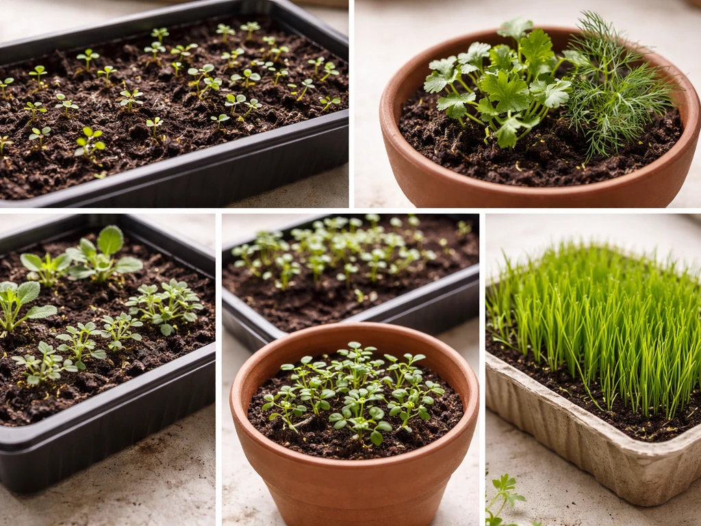 Minimal collage of fast-sprouting seeds: radish and cress, cilantro and dill, calendula and alyssum, ryegrass, and sweet