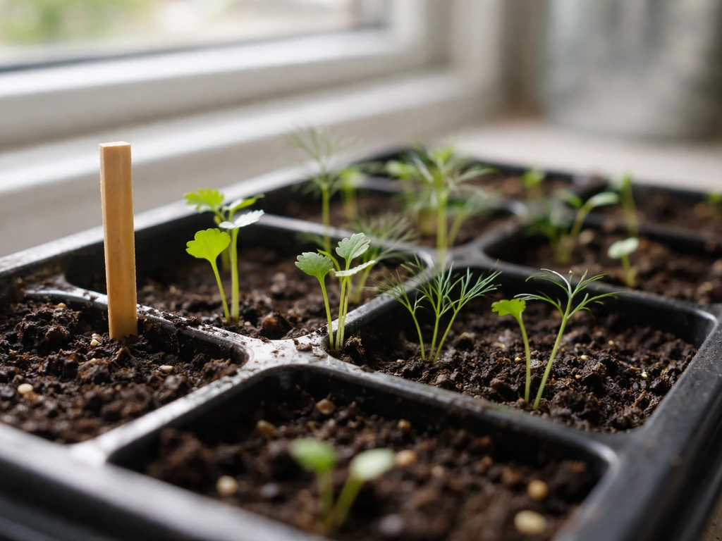 Cilantro and dill seedlings in soil, close-up with a small ruler marking days to early growth.