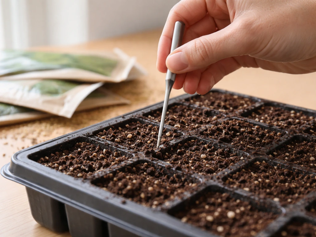 Hand inserting a soil thermometer probe into a germination tray beside grass seed packets