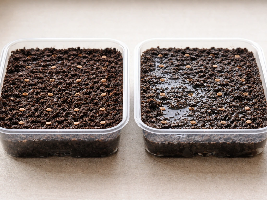 Two side-by-side seed trays: evenly moist soil on one side, waterlogged puddled soil on the other.