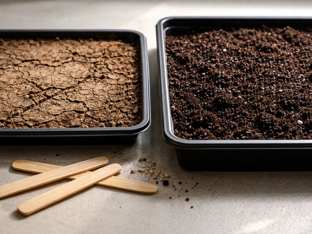 Close-up of dry crusted seedbed beside a tray with evenly moist soil for sprouting diagnosis.