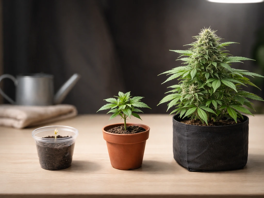 Three-stage progression of autoflower cannabis from germinated seed to seedling to flowering plant on a tabletop