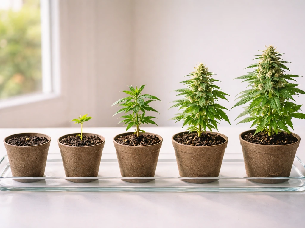 Five small pots left to right showing an autoflower’s stages from seed to flowering ready for harvest.