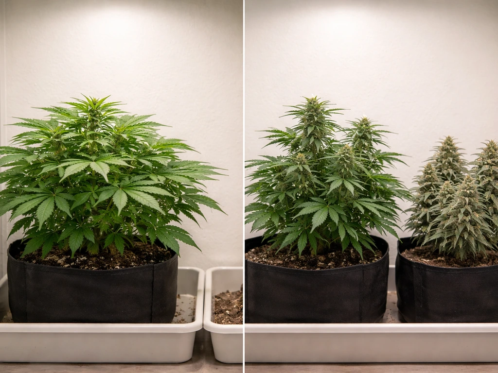 Two cannabis plants in simple indoor setup showing veg to early flowering and late bloom readiness.