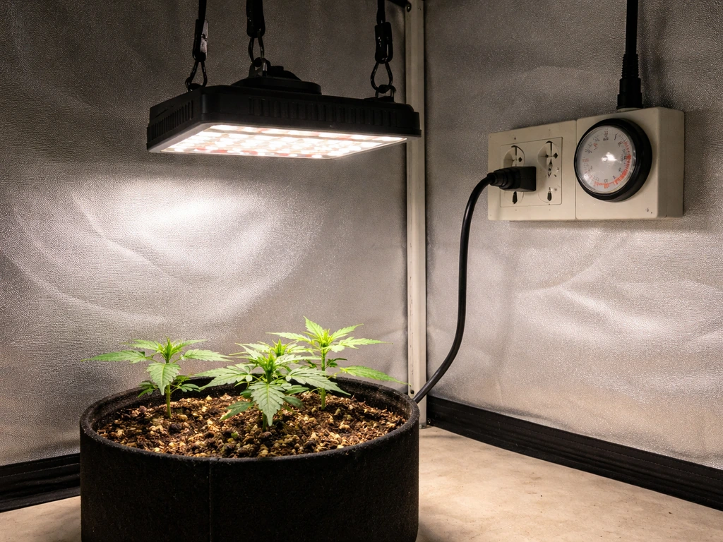 LED grow light over seedlings with a timer box and power strip in a minimal indoor setup