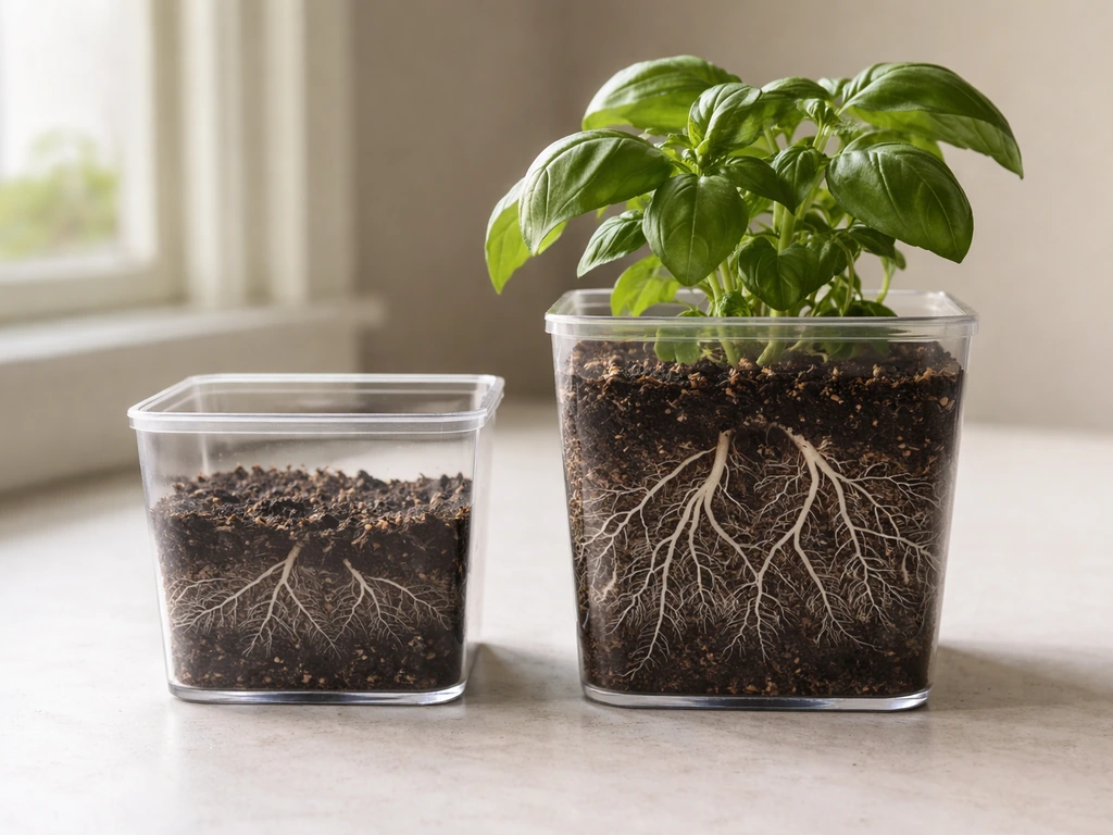Two clear containers with soil and roots—small pot roots sparse, larger pot roots fuller and healthier.