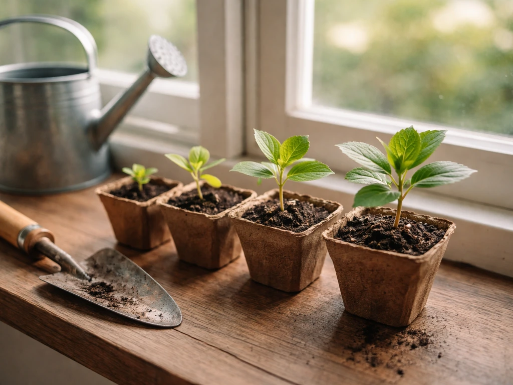 Hydrangea seedlings in small pots on a windowsill with soil and watering can, minimal gardening scene.