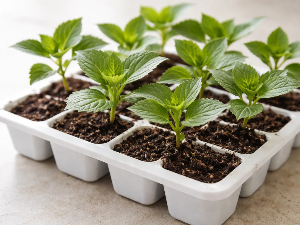 Hydrangea seedlings in individual cells, ready for pot-up with healthy green growth