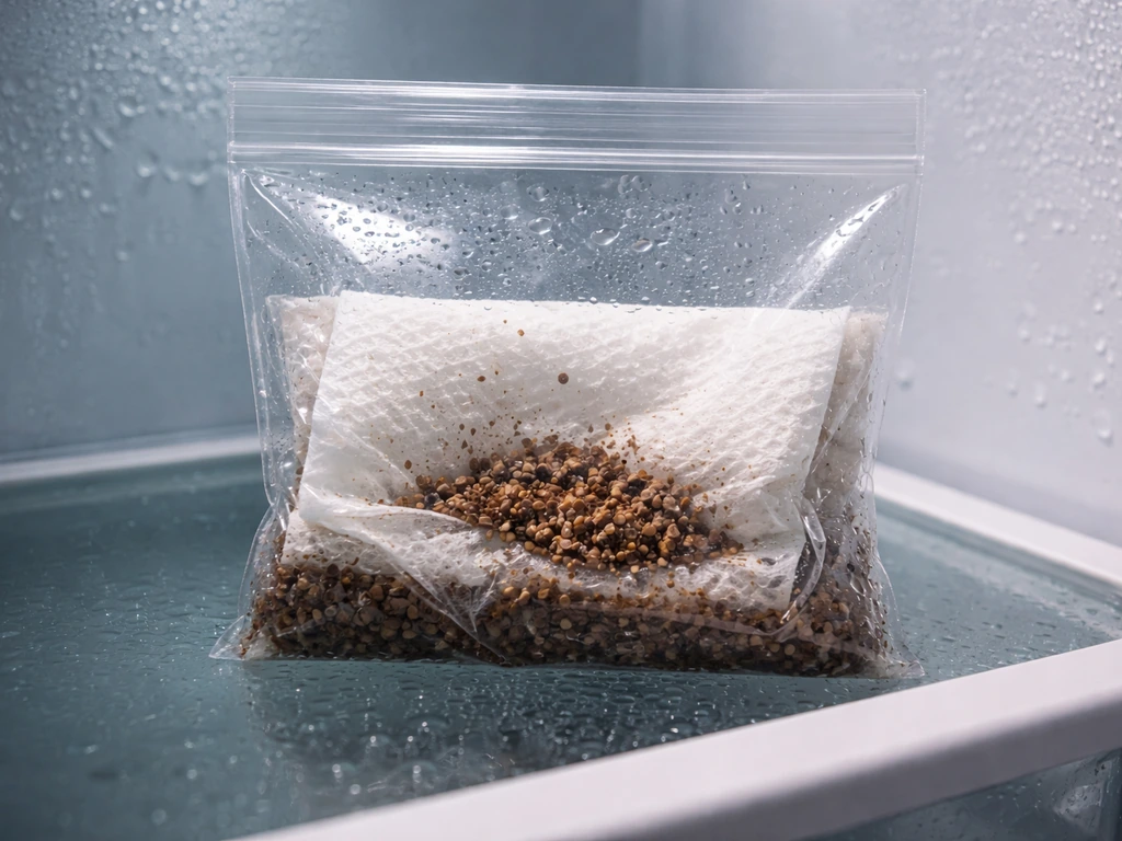Hydrangea seeds sealed in a moist medium bag inside a refrigerator shelf for stratification.