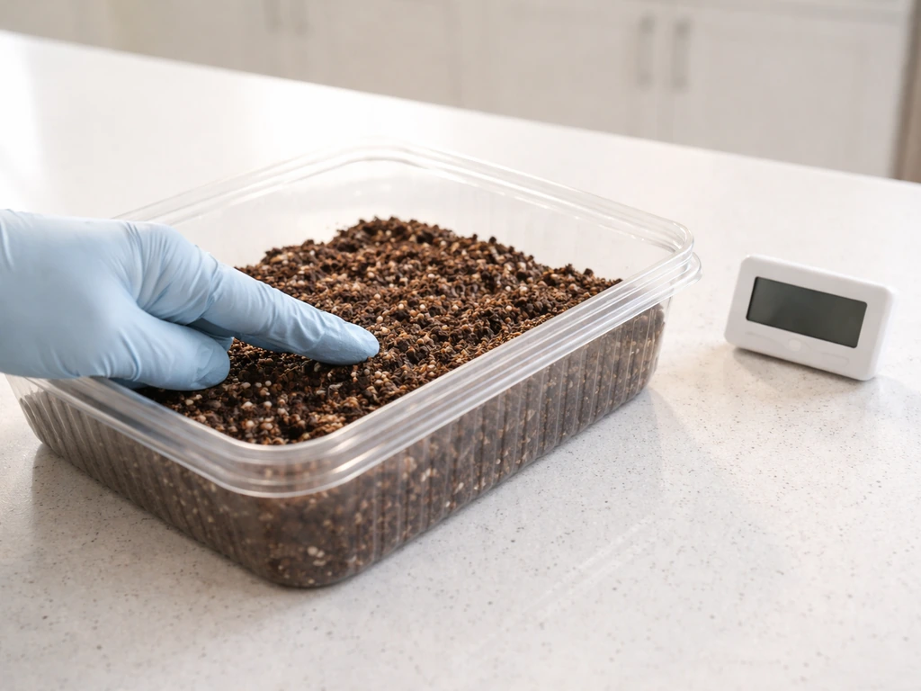 Close-up of seedling container with moisture on surface and a small thermometer beside it