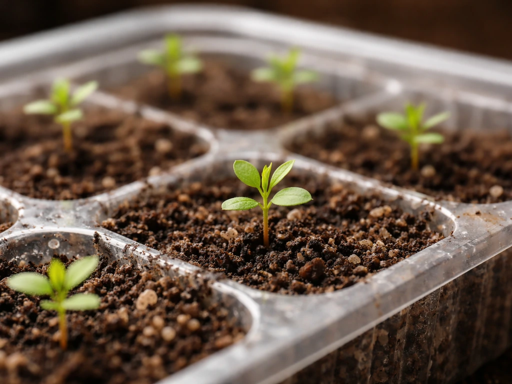 Young azalea seedlings in a propagation tray with potting mix, showing early growth from seed.