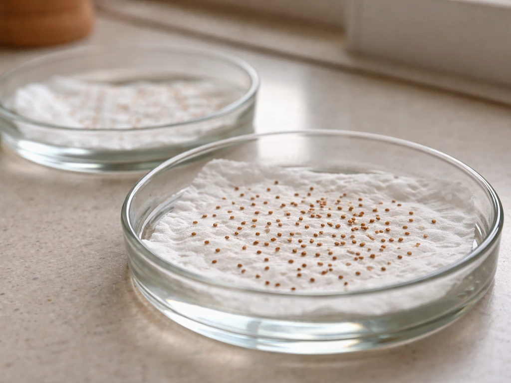 Azalea seeds on damp paper in a clear dish, shown as a simple home germination viability test.