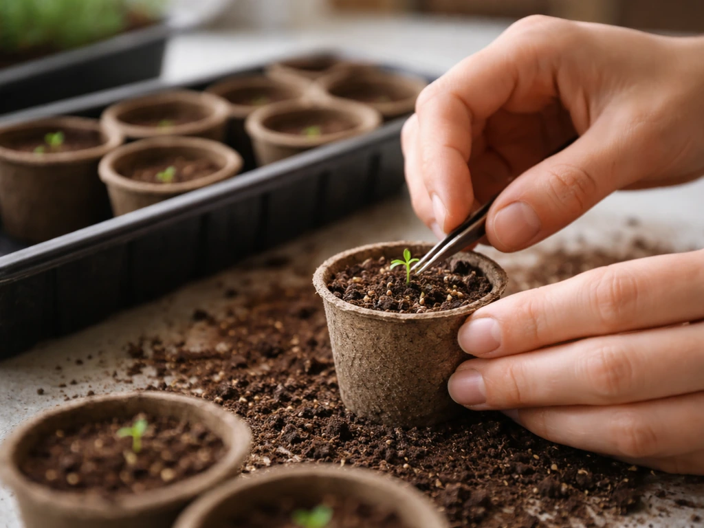 Very small azalea seedlings being gently potted into individual containers in a tidy potting tray
