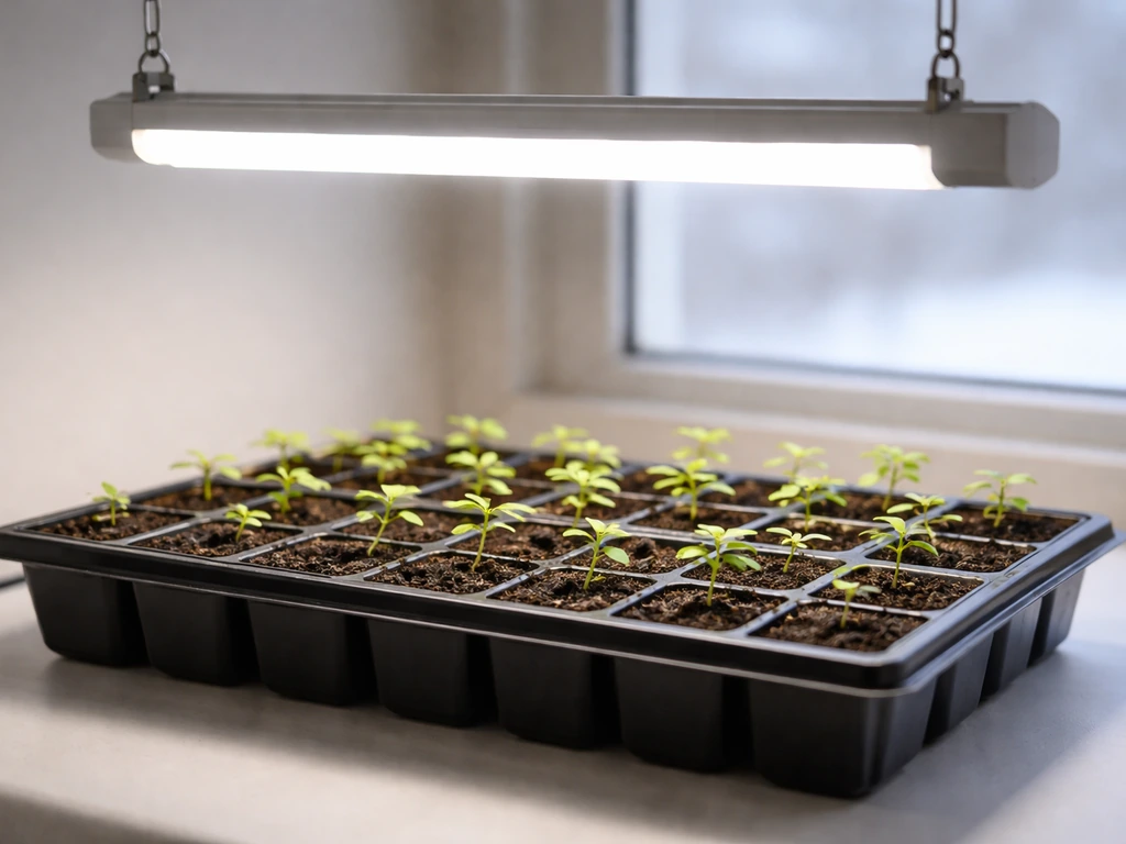 Azalea seedlings in a tray lit by an LED grow light above them on a simple tabletop.