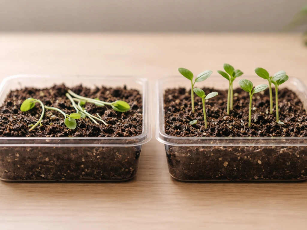 Two seedling trays side by side: collapsed, wet seedlings in one tray and upright seedlings in the other.