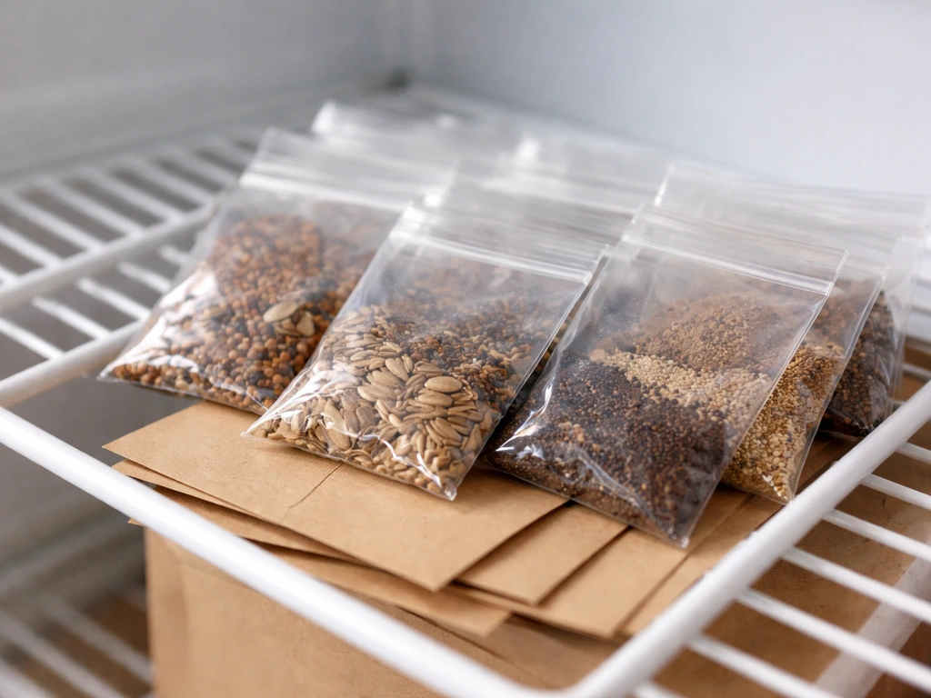 Seeds in clear bags and a few seed packets inside a refrigerator shelf for cold stratification.