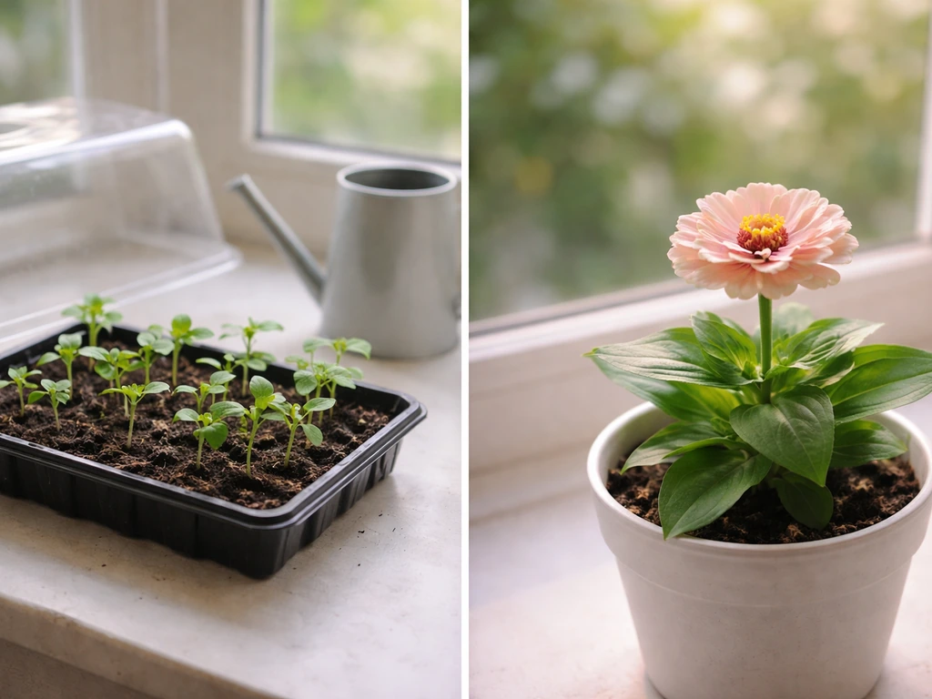 Seedlings without a humidity dome in bright light, with a later shot of the same plant blooming.