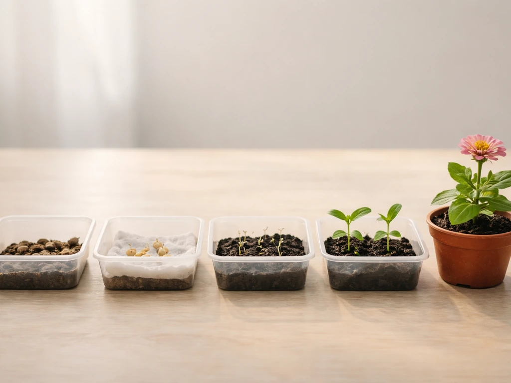 Row of staged seedling trays showing progression from seeds to germination to first bloom.