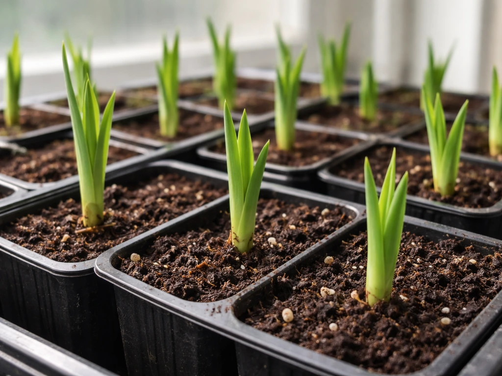 Young tall bearded iris seedlings in small pots on a tray, close-up with soft natural light.