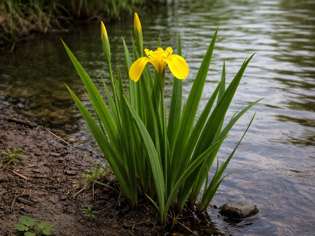 Yellow flag iris at a pond edge with mature leaves and emerging, not fully opened flower stalks.