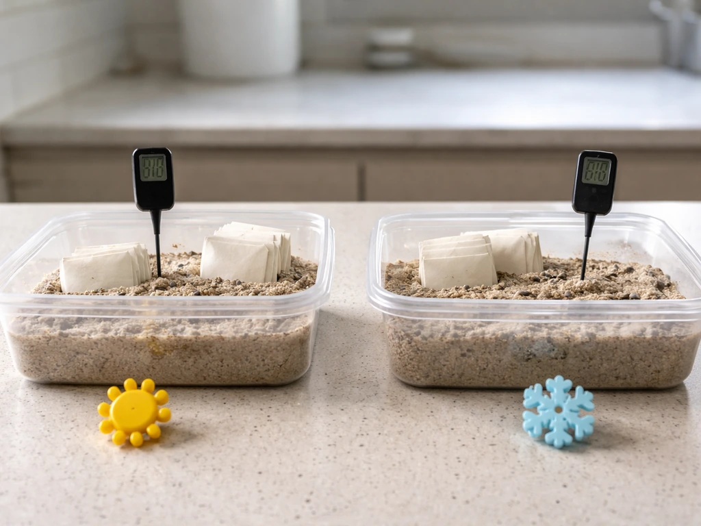 Two clear containers on a tabletop with moist mix and thermometer probes to suggest warm vs cold seed stratification.