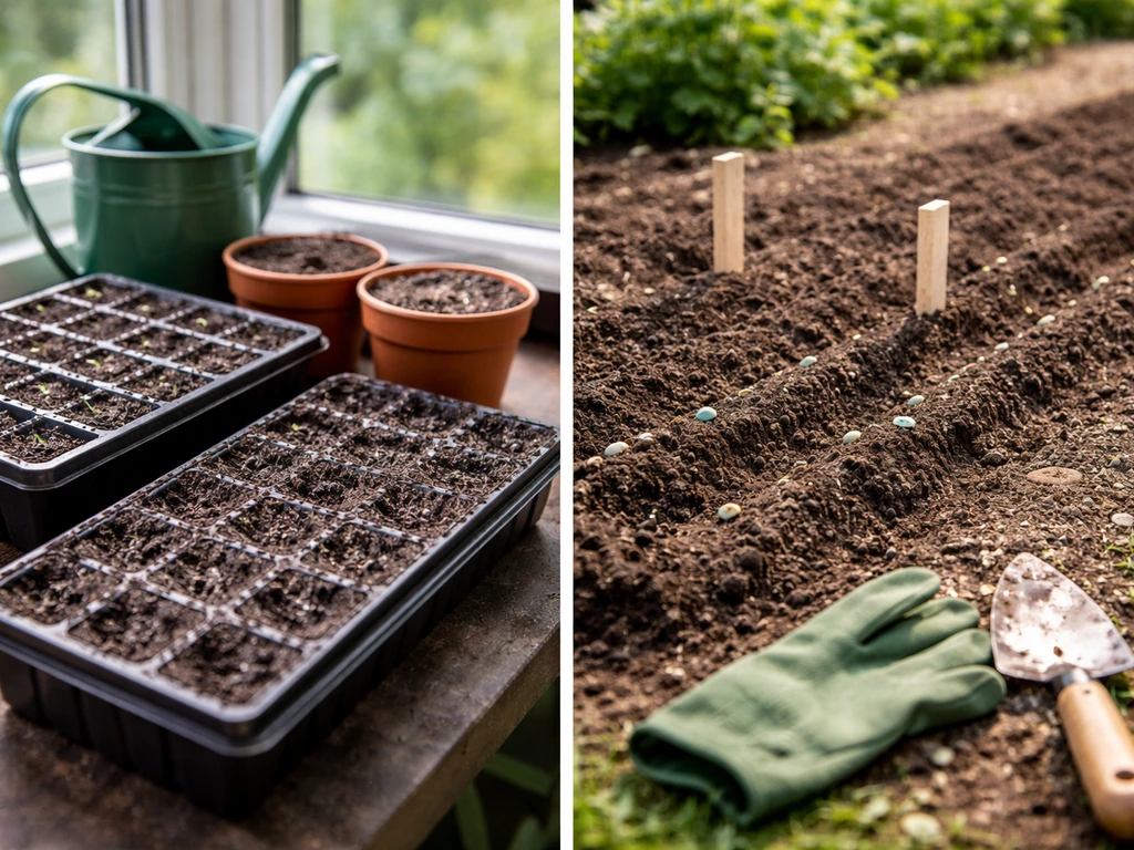Split garden scene: seed trays under cover beside an outdoor bed with fresh sown iris seeds.