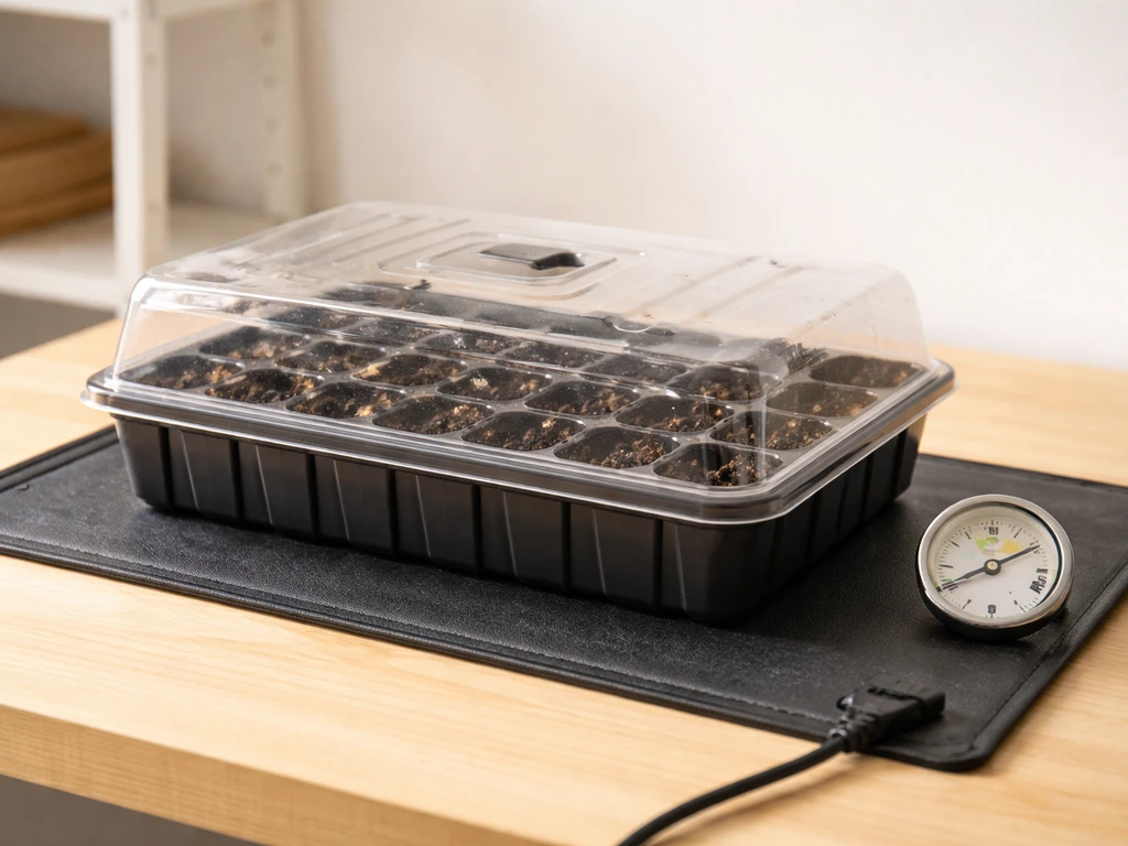 Seed tray with lid on on a heat mat, plus a nearby temperature gauge showing warmth for germination