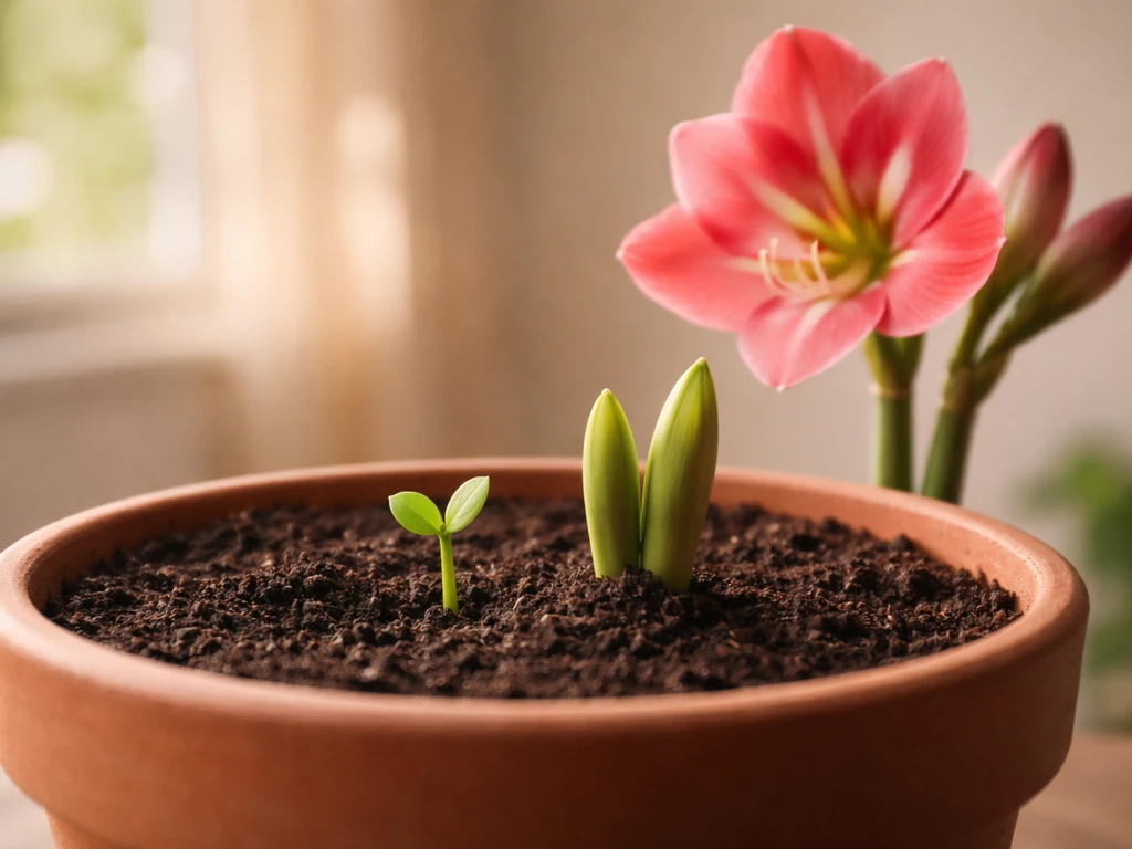 Amaryllis seedling sprouting in soil, transitioning toward a bright bloom in soft natural light.