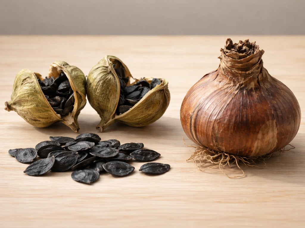 Amaryllis seed pod and seeds beside an amaryllis bulb on a simple wooden surface.
