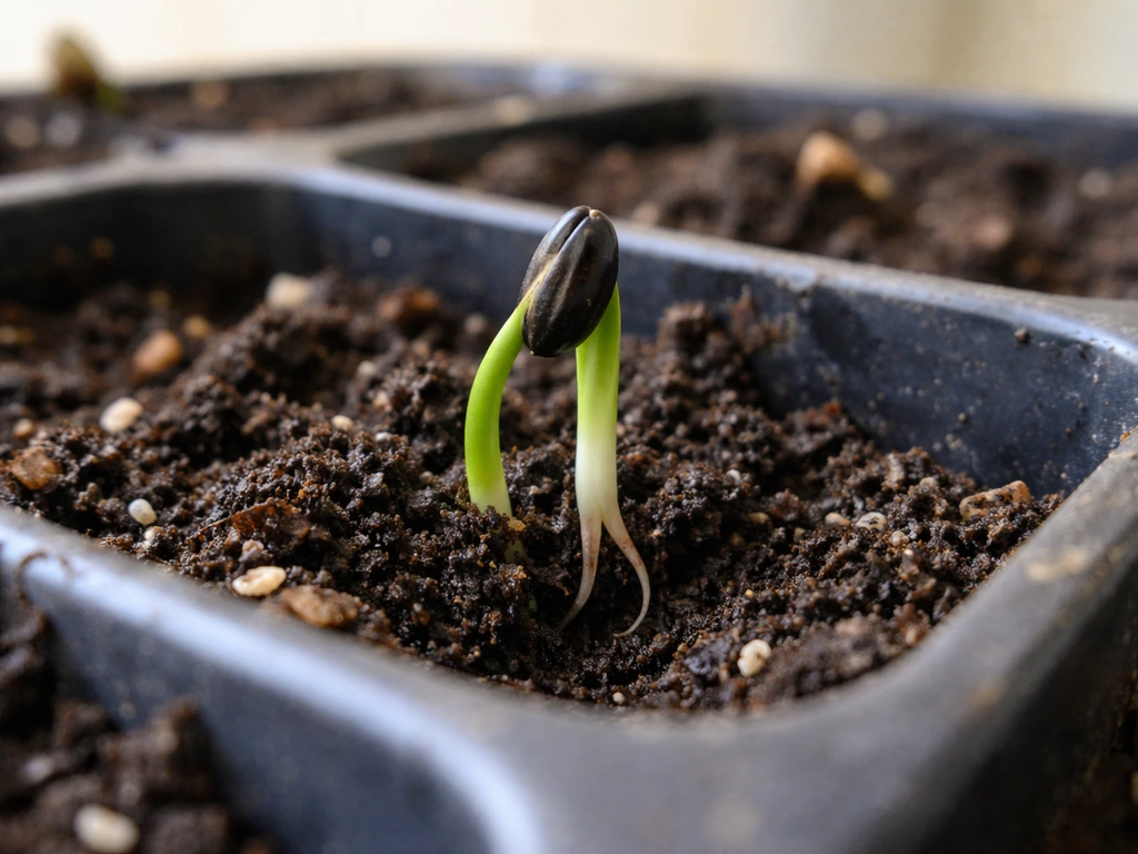 Young amaryllis seedling sprouting from moist soil with a fresh root tip visible.