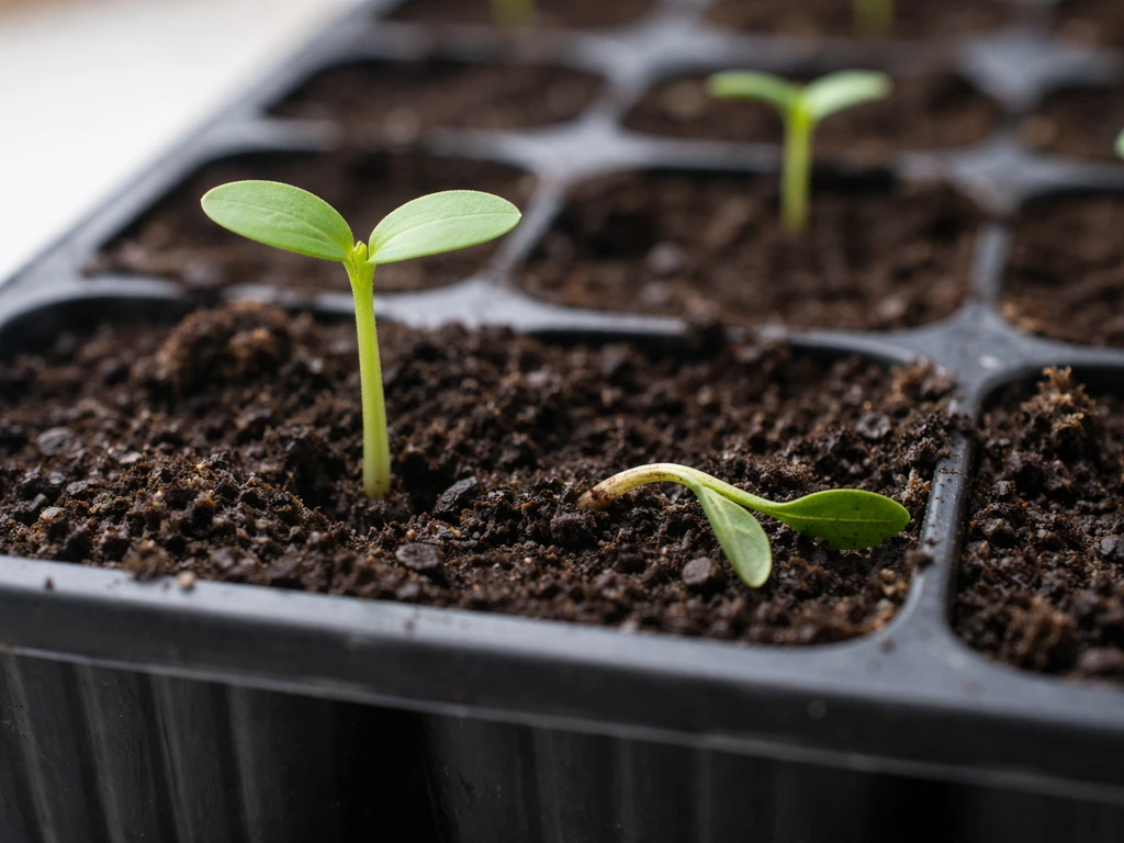 Close-up of healthy upright seedlings beside one fallen seedling with rotted, pinched stem at soil line.