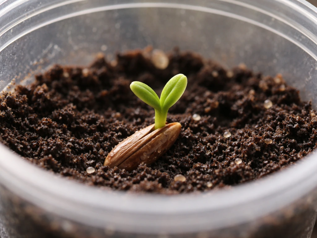 Plumeria seed in moist potting mix with tiny green cotyledons emerging