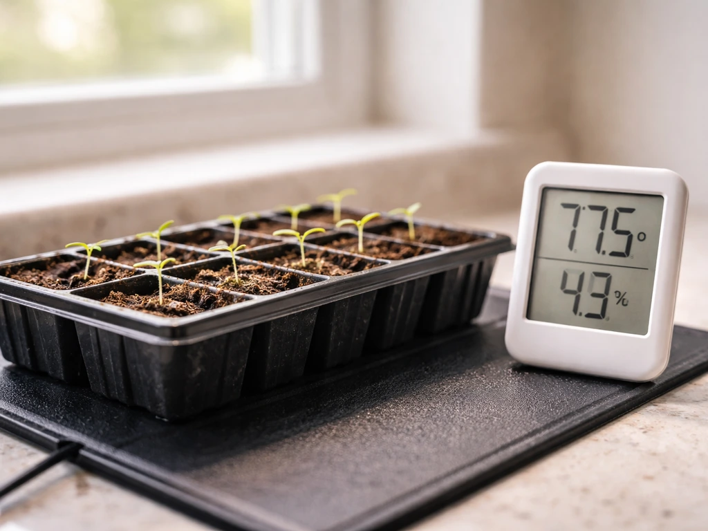 Plumeria seed tray on a heat mat with a thermometer showing warm germination temperatures