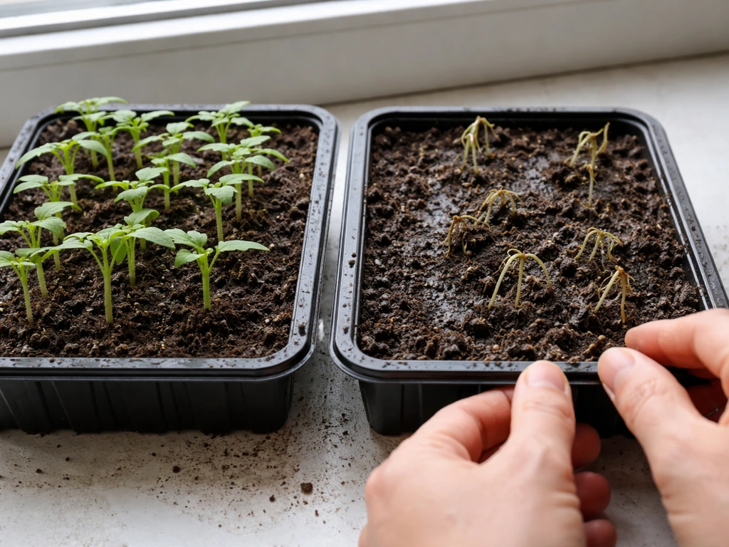 Two side-by-side seedling trays: one thriving with green sprouts, one with stalled seedlings showing base rot.