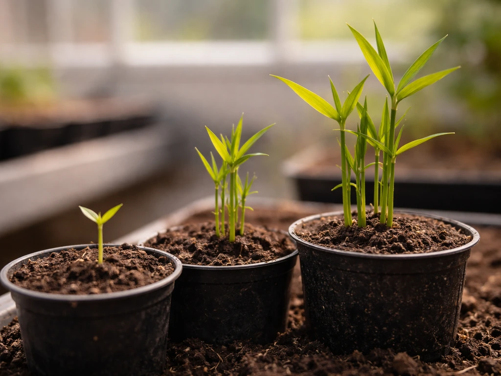 Moso bamboo seedlings at different growth stages in soil-filled containers in soft natural light.
