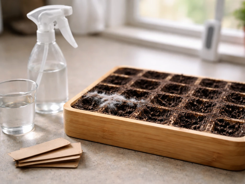 Bamboo seed tray with visible mold on damp soil, beside spray bottle and sunny-window temperature check.