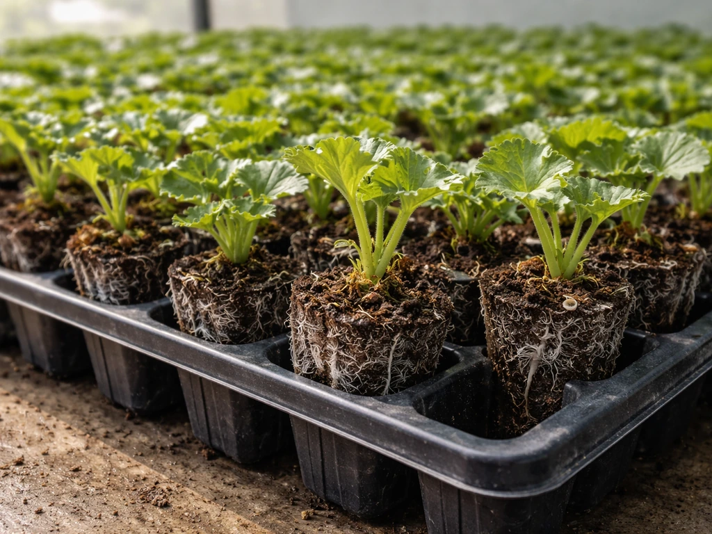Close-up of geranium plug trays showing visible roots and fresh green growth emerging.
