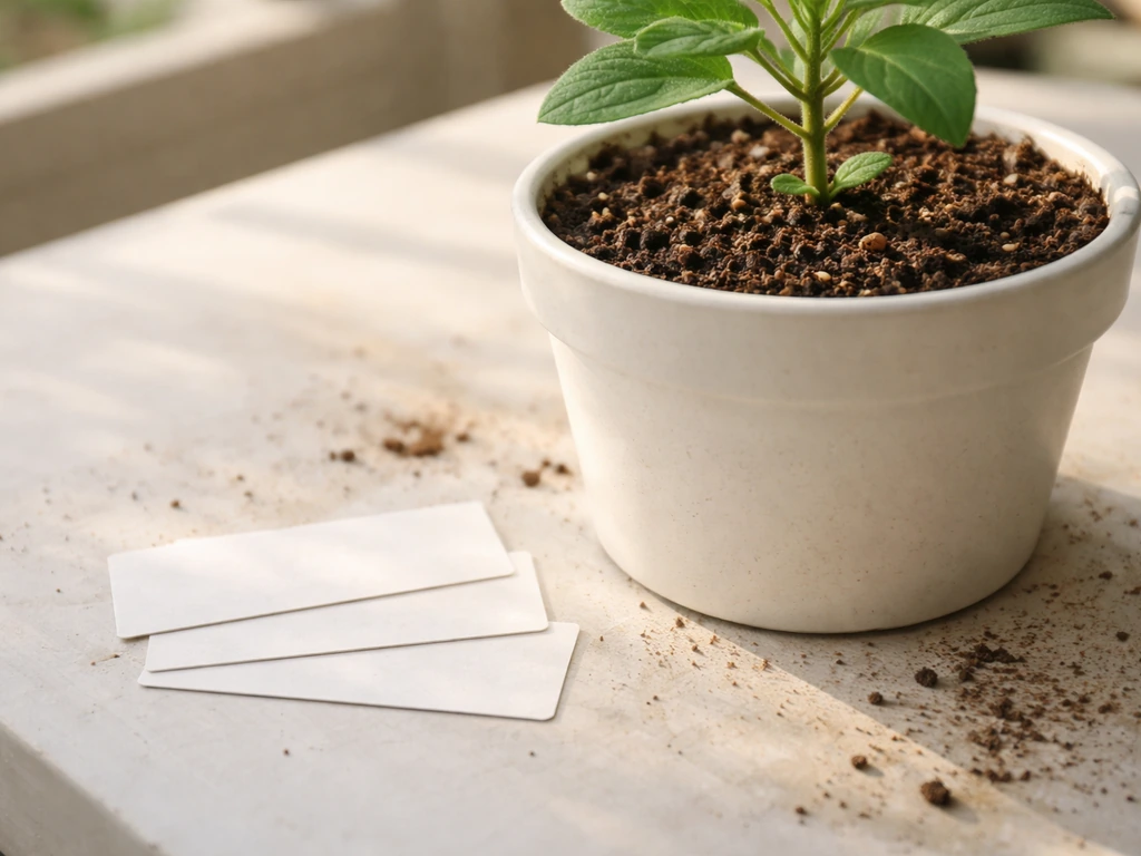 Close-up of a potted plant on a potting bench with blank day cards and early new growth.
