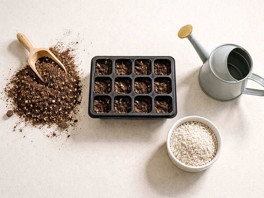 Top-down view of seed-starting pots, peat/coir mix, perlite, and a watering can ready for potting.