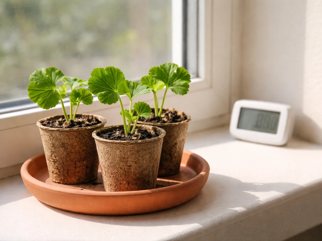 Geranium plugs in small pots on a bright windowsill with sunlight direction and a nearby thermometer/hygrometer.