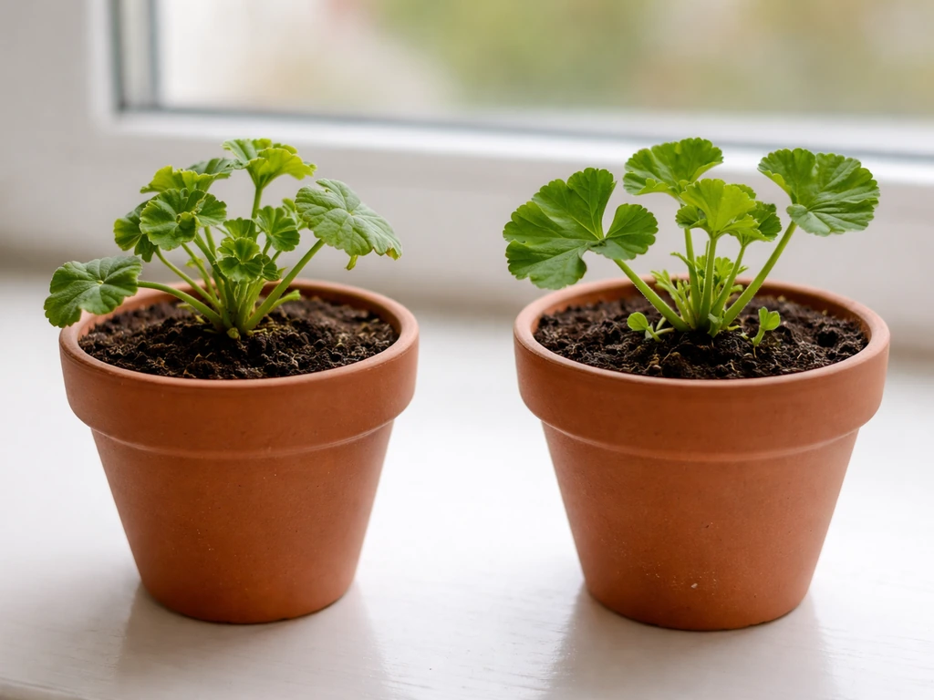 Two geranium plug pots side-by-side: one droopy with no new growth, one recovering with fresh shoots.