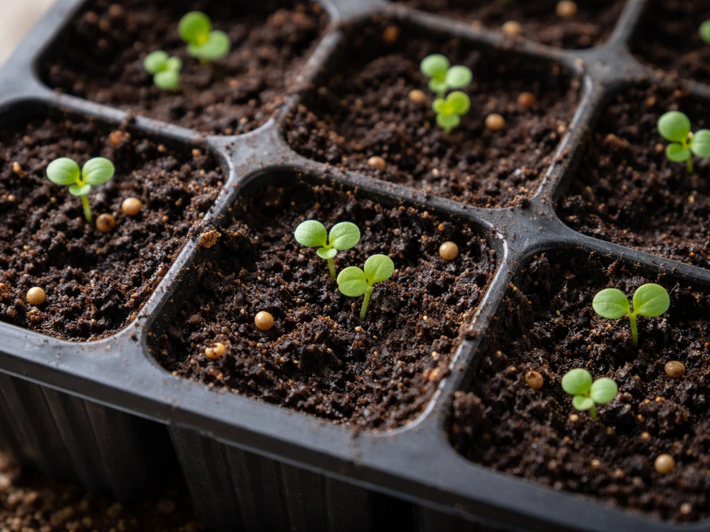 Top-down view of tulsi seedlings sprouting in a seed tray with moist soil.