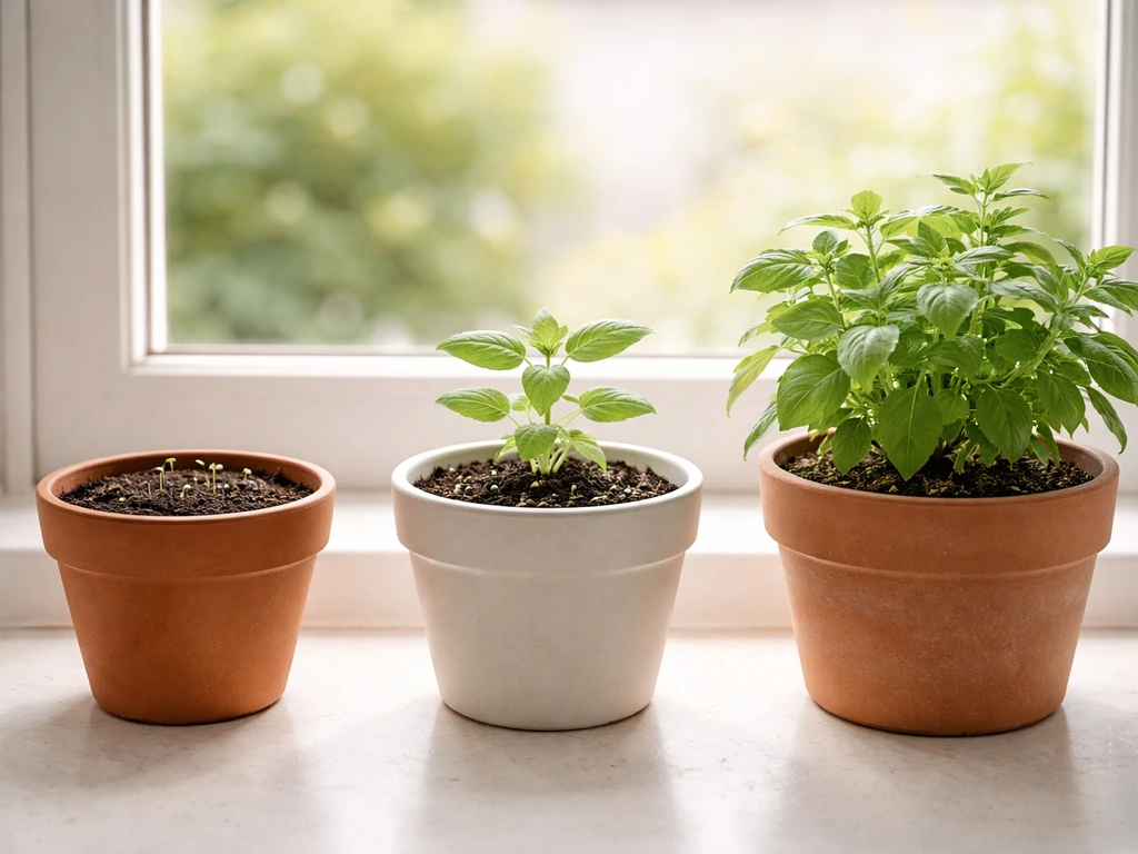 Three tulsi plants in small pots showing sprouts, transplant-ready seedlings, and leafy growth on a windowsill.