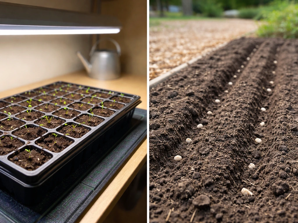 Indoor tulsi seed tray under grow light beside an outdoor seed bed in soil