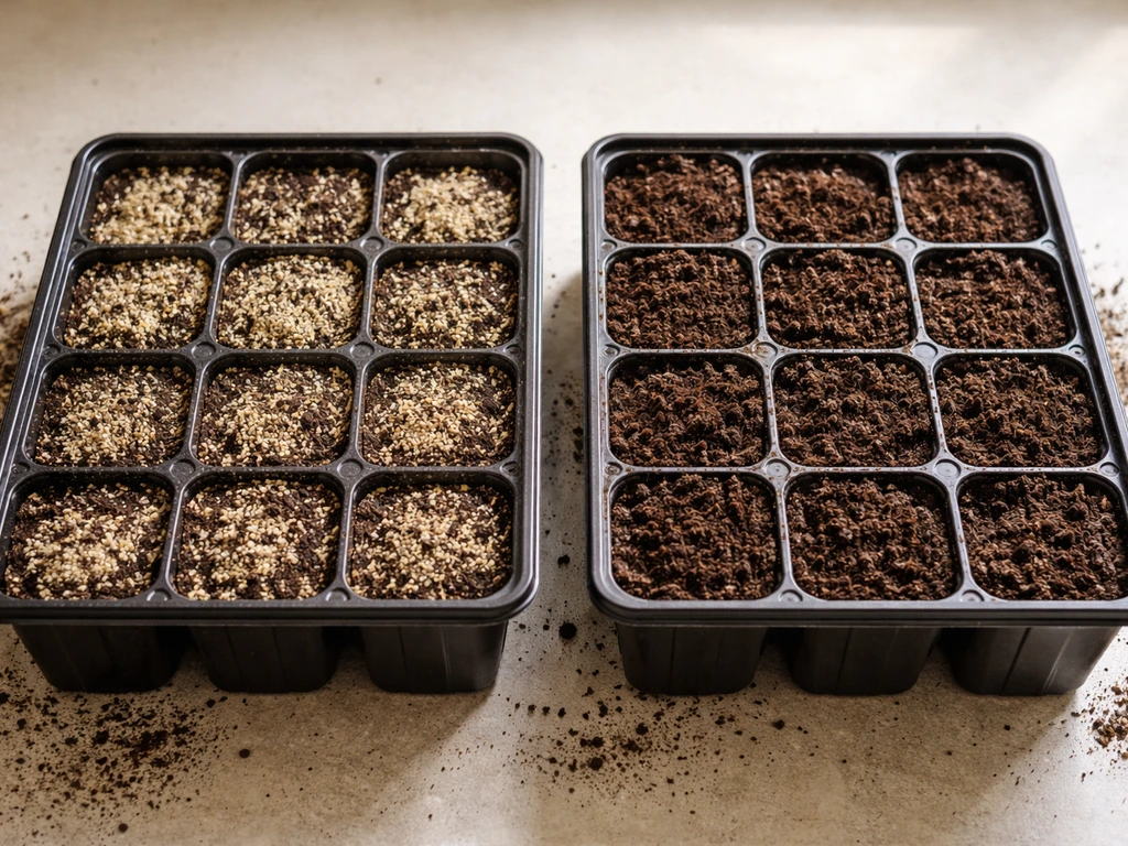 Close-up of tulsi seeds barely covered with fine soil beside an example of seeds buried too deep in trays.