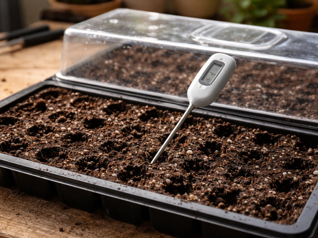 Seed tray with a humidity dome and a soil thermometer touching the damp soil surface.