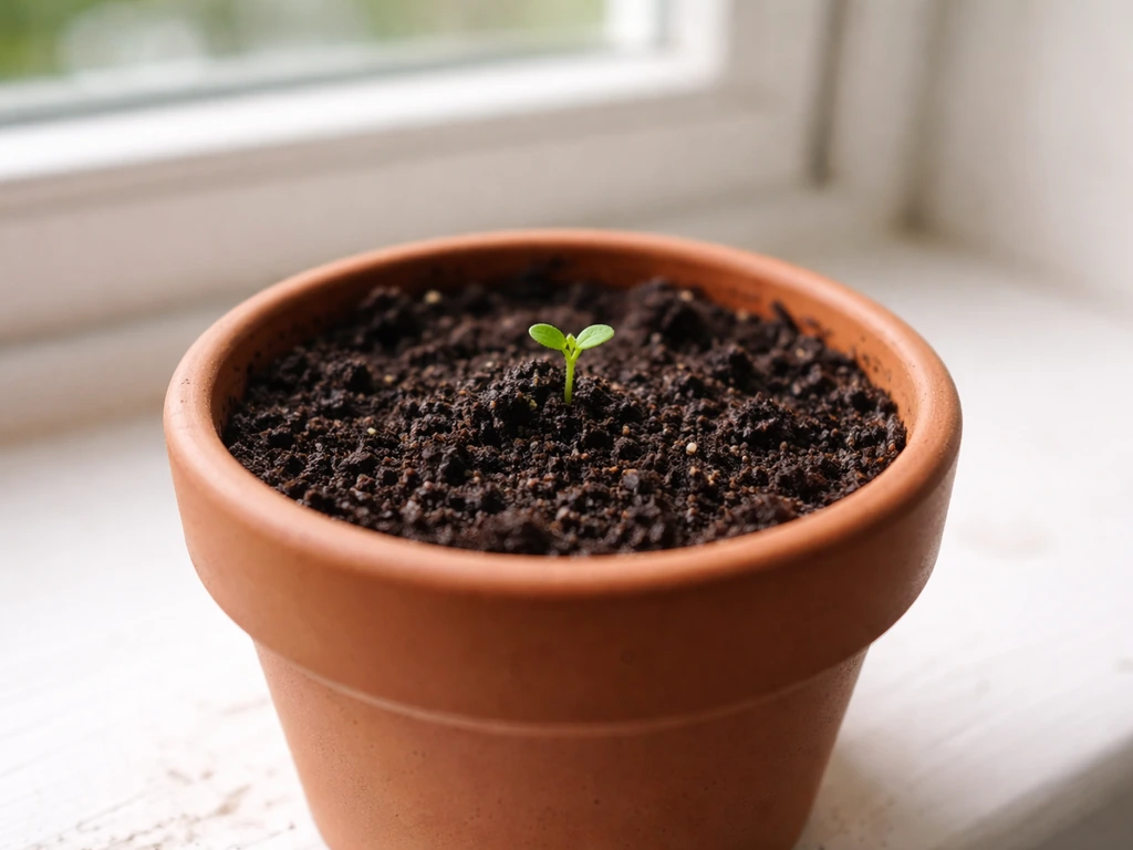 Hardy kiwi seedling sprout emerging from soil in a small pot, staged to suggest early growth timeline.