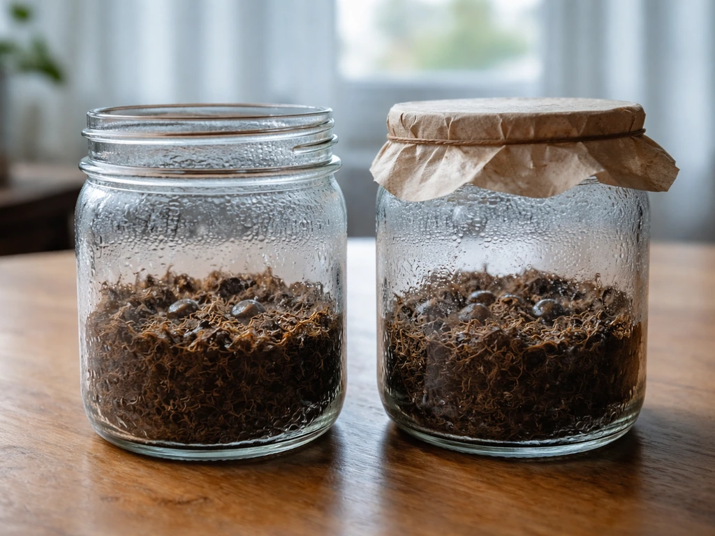 Clear jars with kiwi seeds in moist peat, showing cold stratification condensation.