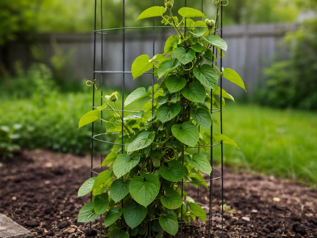 Vigorous kiwi vine leaves and tendrils climbing a garden trellis in lush spring growth