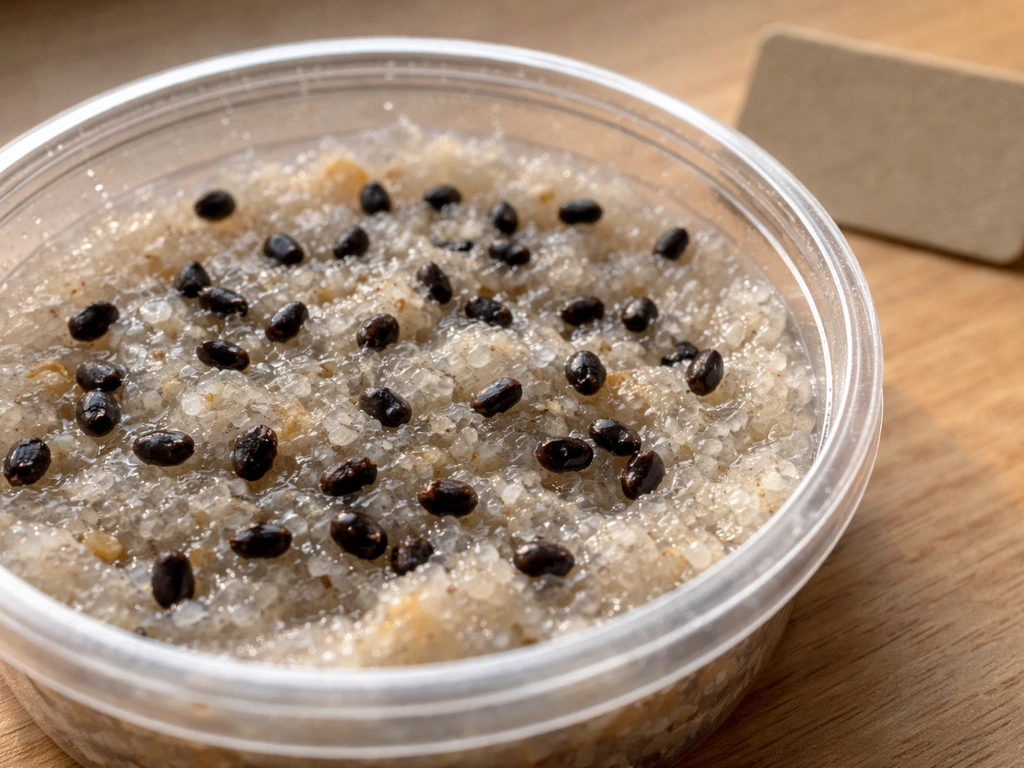 Macro close-up of kiwi seeds in moist stratification medium with a blank date marker beside the container.